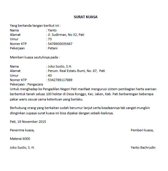 contoh surat kuasa warisan